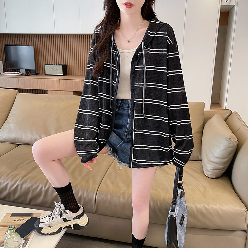 實拍條紋雪花棉開胸防曬外套長袖女薄款紐扣時尚百搭休閑上衣