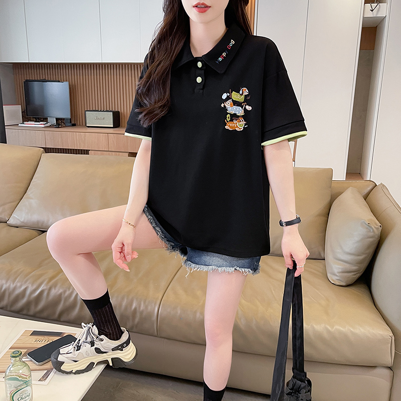 實拍仿棉珠地POLOT恤女夏季新款韓版休閑動漫紐扣拼色短袖女