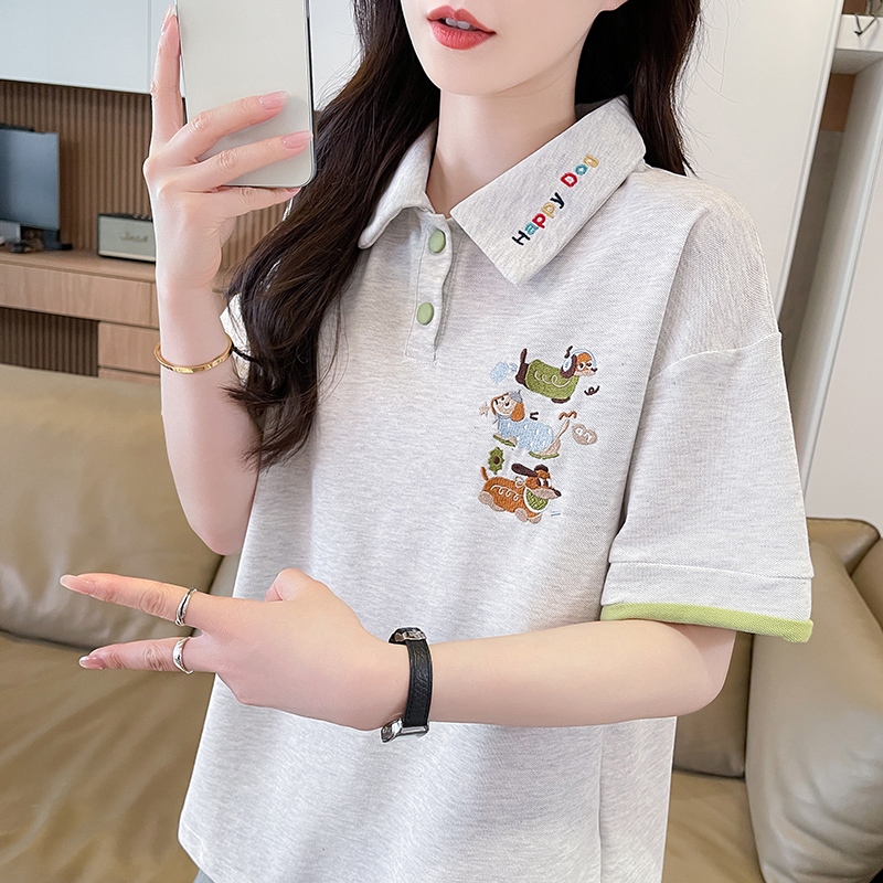 實拍仿棉珠地POLOT恤女夏季新款韓版休閑動漫紐扣拼色短袖女
