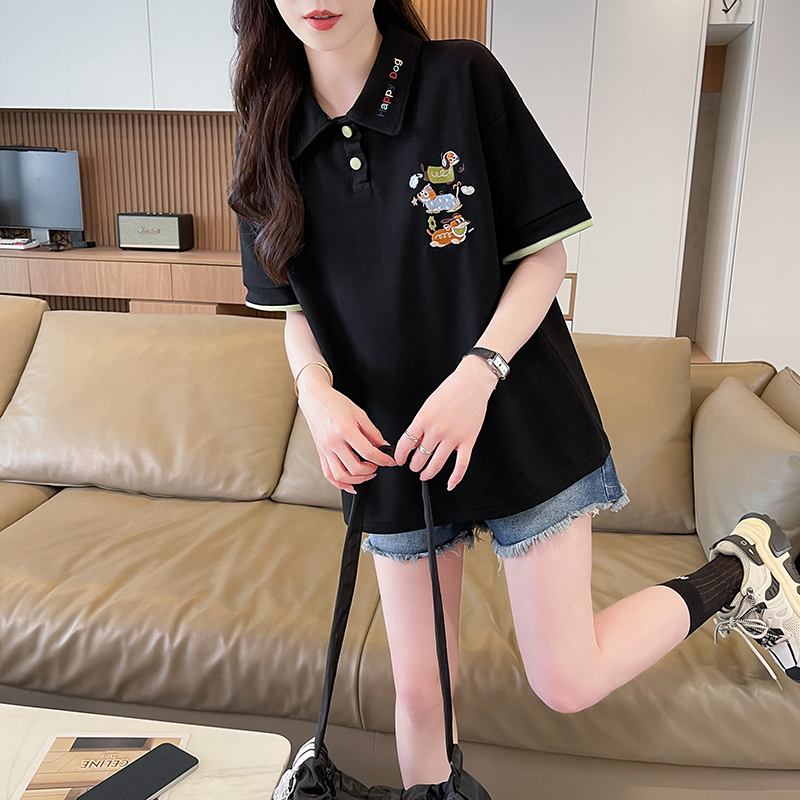 實拍仿棉珠地POLOT恤女夏季新款韓版休閑動漫紐扣拼色短袖女