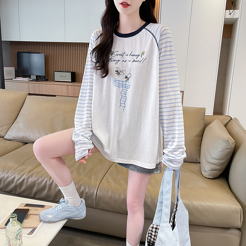 實拍條紋雪花棉防曬T恤女夏季新款長袖青春減齡圓領薄上衣ins