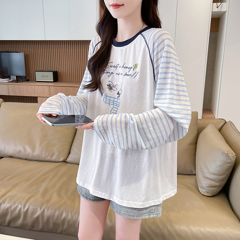 實拍條紋雪花棉防曬T恤女夏季新款長袖青春減齡圓領薄上衣ins