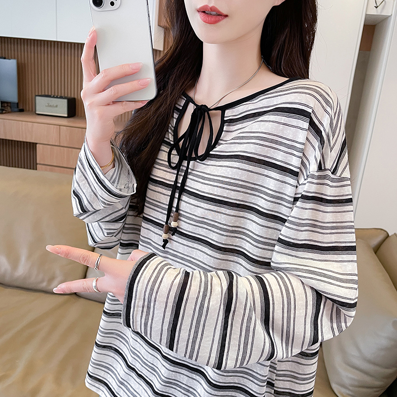 實拍條紋雪花棉防曬T恤女夏季新款長袖青春減齡圓領薄上衣ins