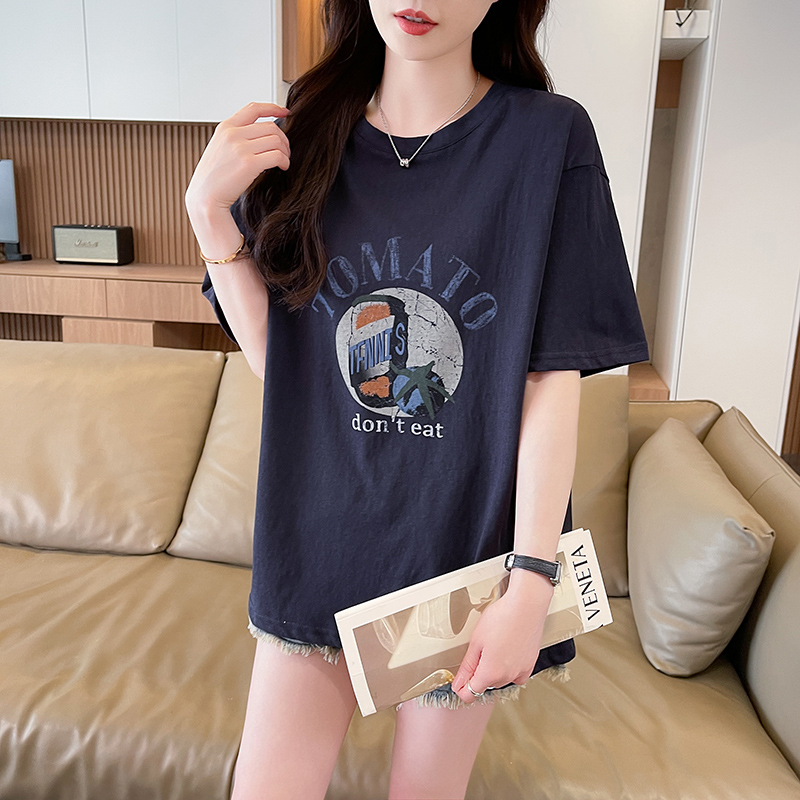 實拍雪花棉T恤女圓領短袖夏季新款韓版印花大碼寬松ins上衣服