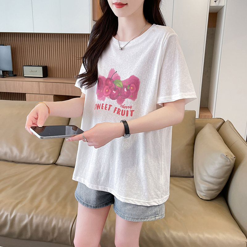 實拍雪花棉T恤女圓領短袖夏季新款韓版印花大碼寬松ins上衣服
