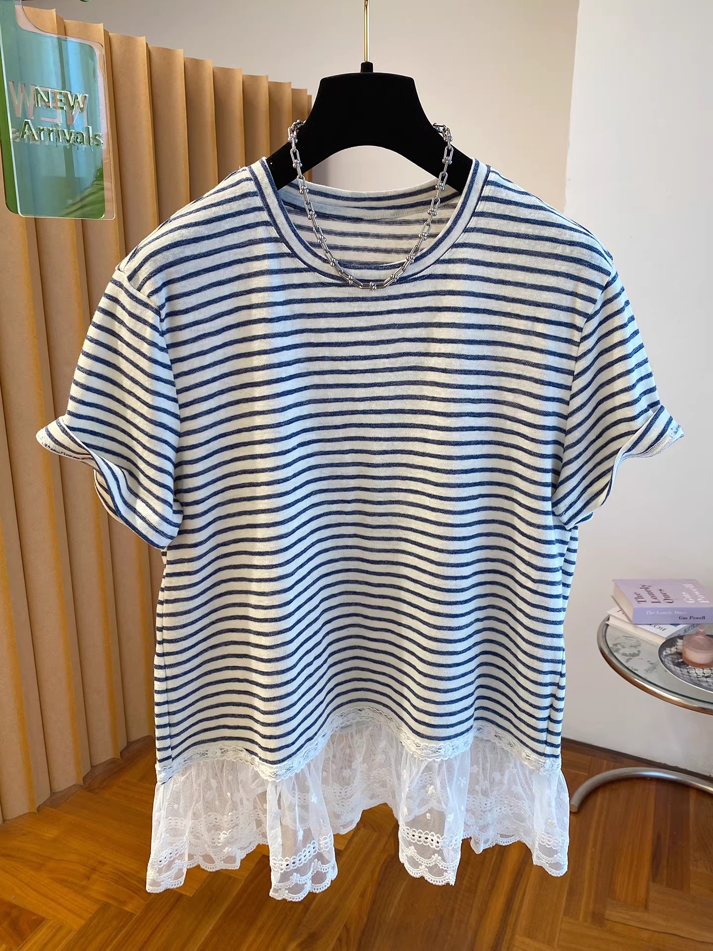 原版質量特大碼300斤純色條紋拼接蕾絲短袖t恤女