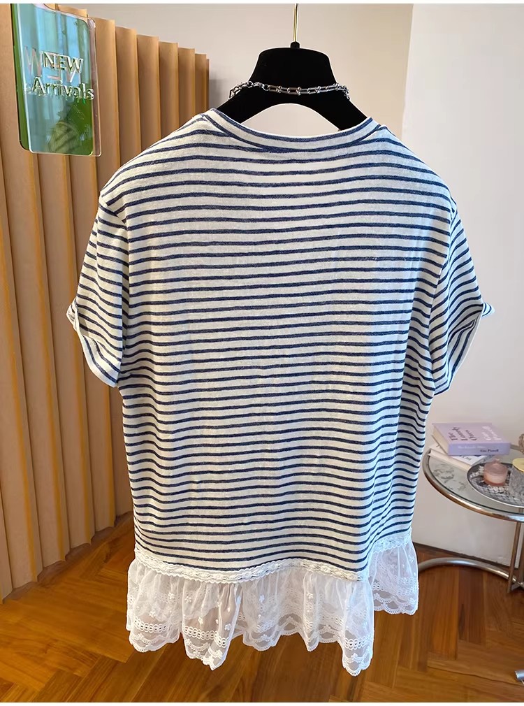 原版質量特大碼300斤純色條紋拼接蕾絲短袖t恤女