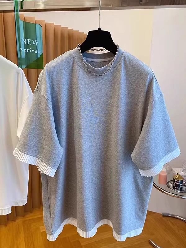 原版質量特大碼足300斤撞色拼接短袖簡約純色t恤女