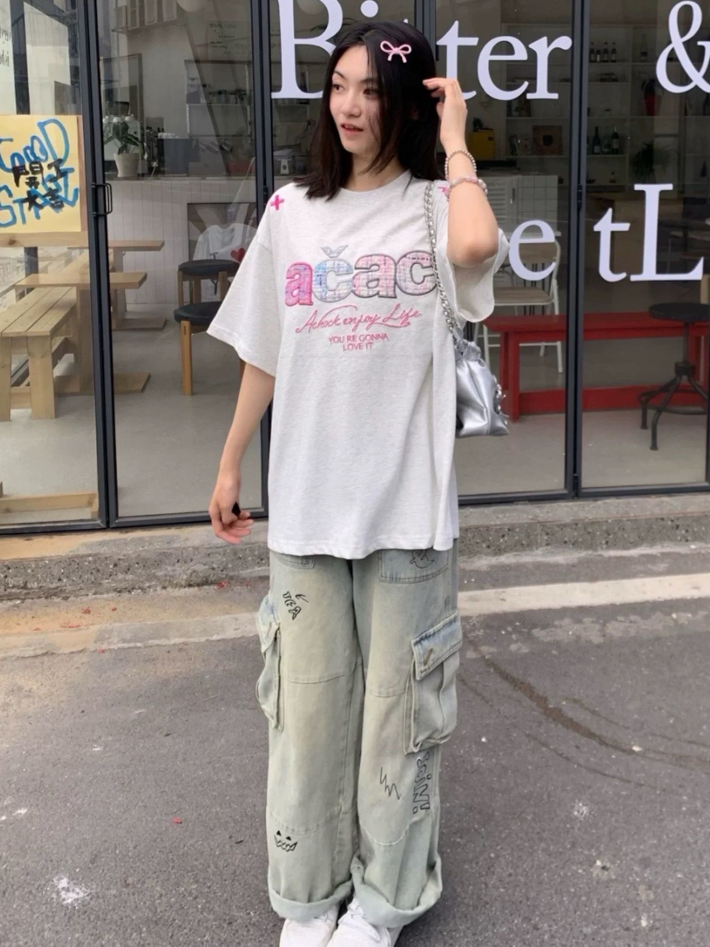 小香風刺繡貼布+內里鋪布19支220克純棉短袖T恤男女