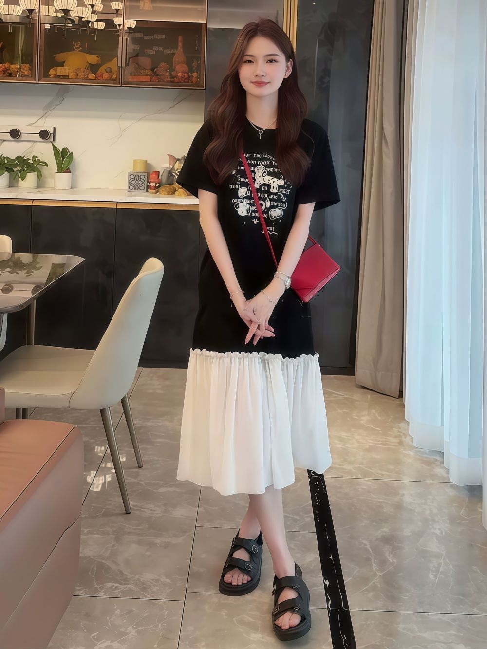 大碼胖mm巨顯瘦連衣裙寬松遮肚子雪紡拼接長裙歐貨大版夏裝