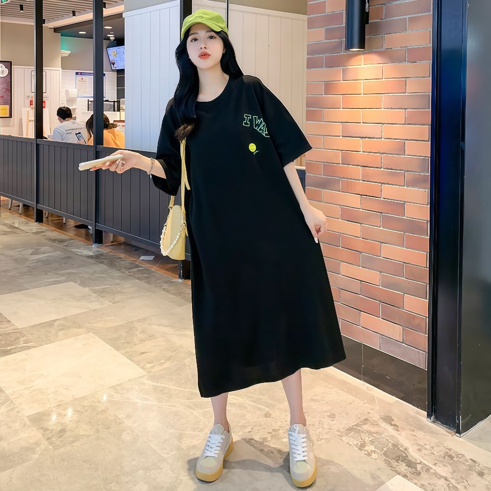韓版胖mm長T恤裙女顯瘦洋氣大碼女裝夏季微胖純棉短袖裙