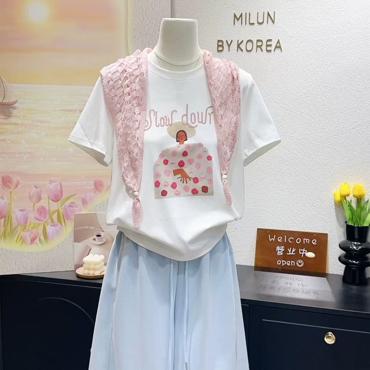 純棉+披肩8個碼數特大碼足300斤披肩印花短袖T恤兩件套