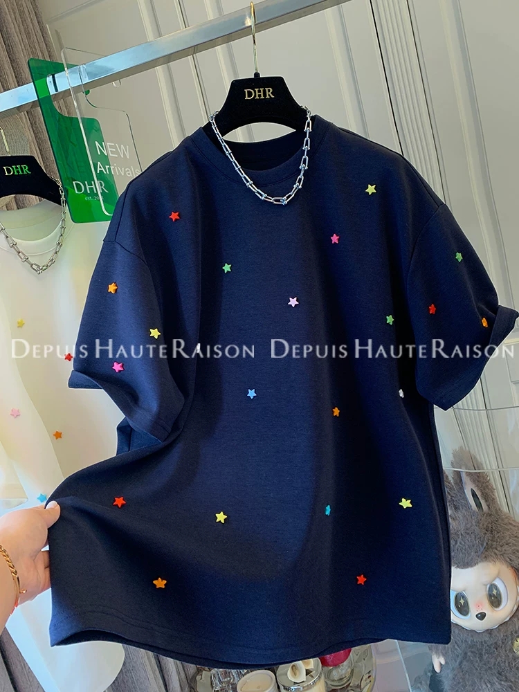 刺繡+19支純棉220克特大碼200斤獨特超好看星星短袖