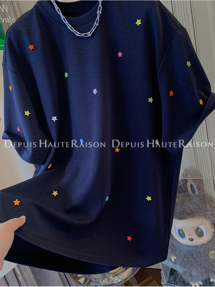 刺繡+19支純棉220克特大碼200斤獨特超好看星星短袖
