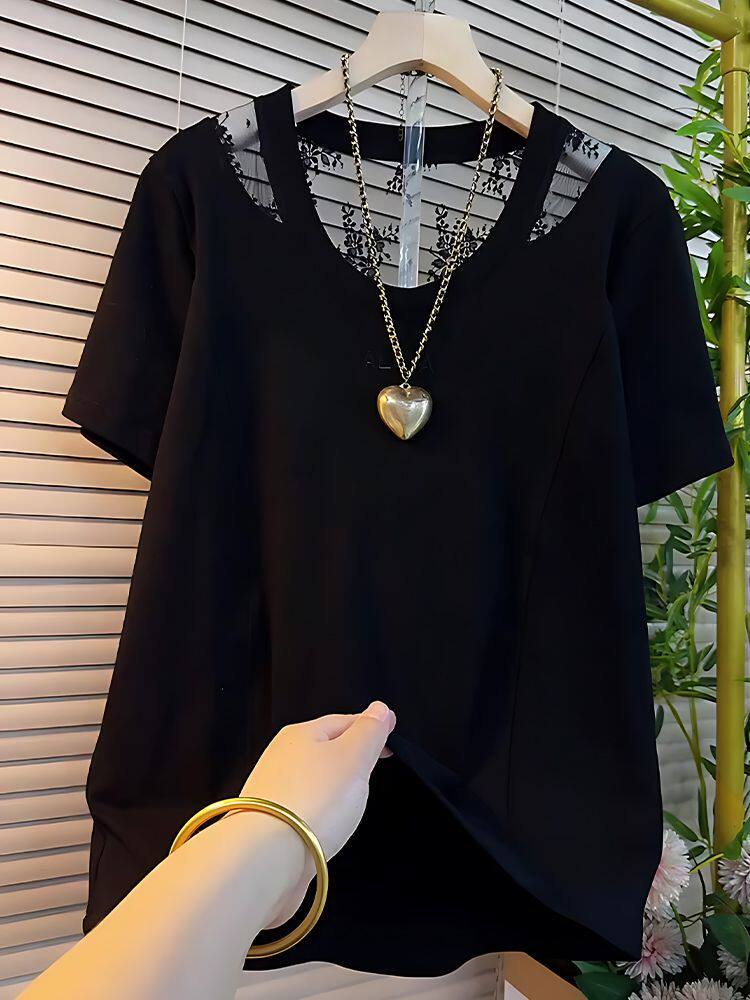 刺繡+蕾絲+40支92棉8氨綸210克特大碼200斤蕾絲拼接T恤