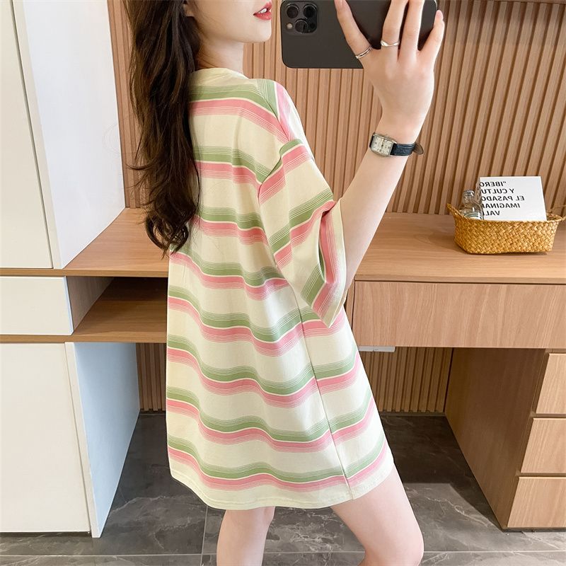 實拍抖音質量/后包領/純棉寬松美式正肩中長款條紋T恤