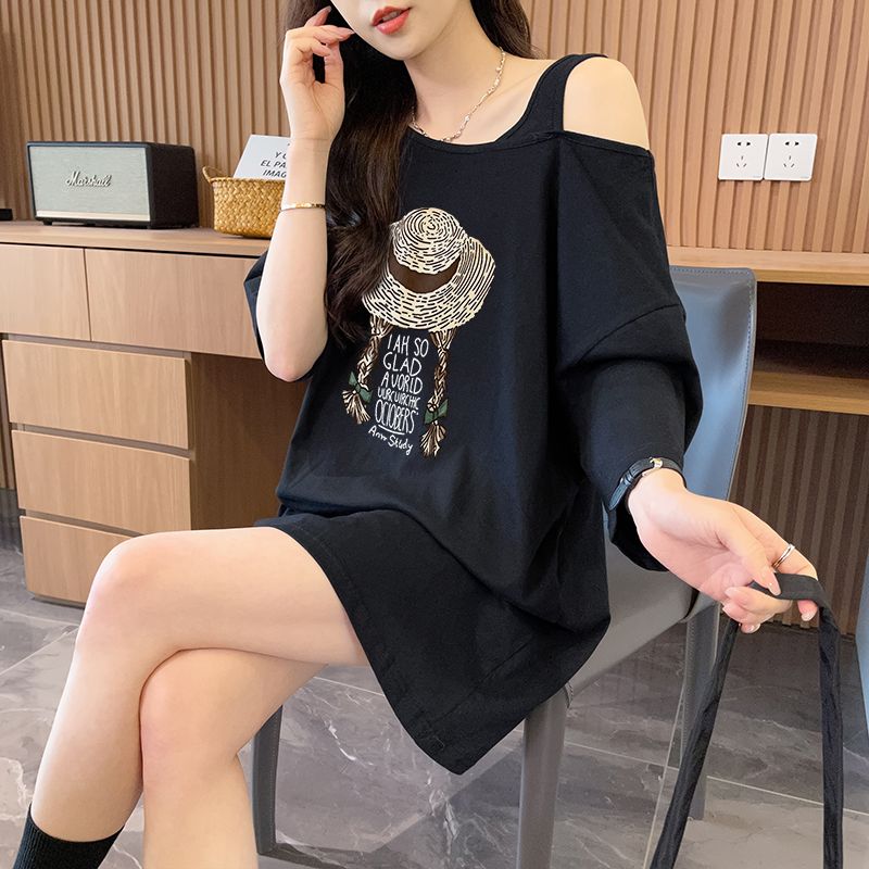 實拍抖音質量/純棉/設計感寬松露肩時尚短袖T