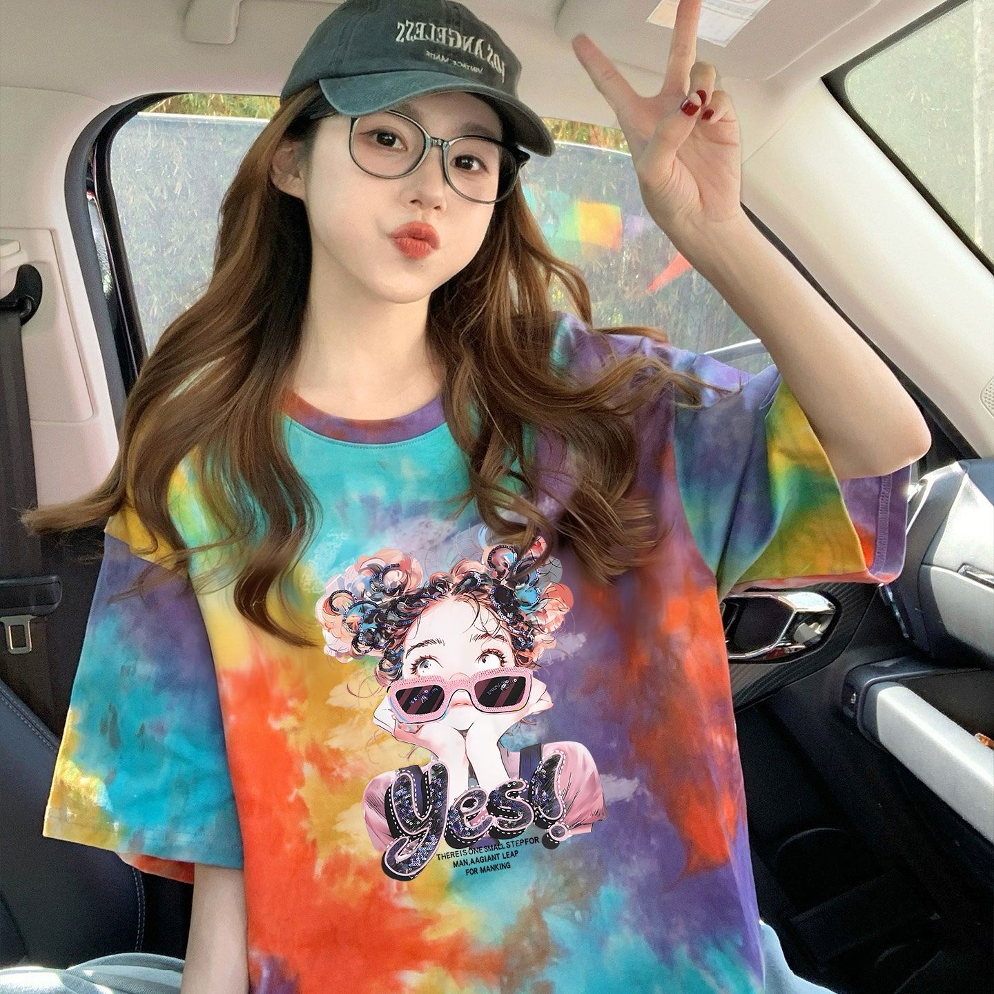 210克純棉/后包領彩色暈染寬松T恤女設計感印花顯瘦上衣潮