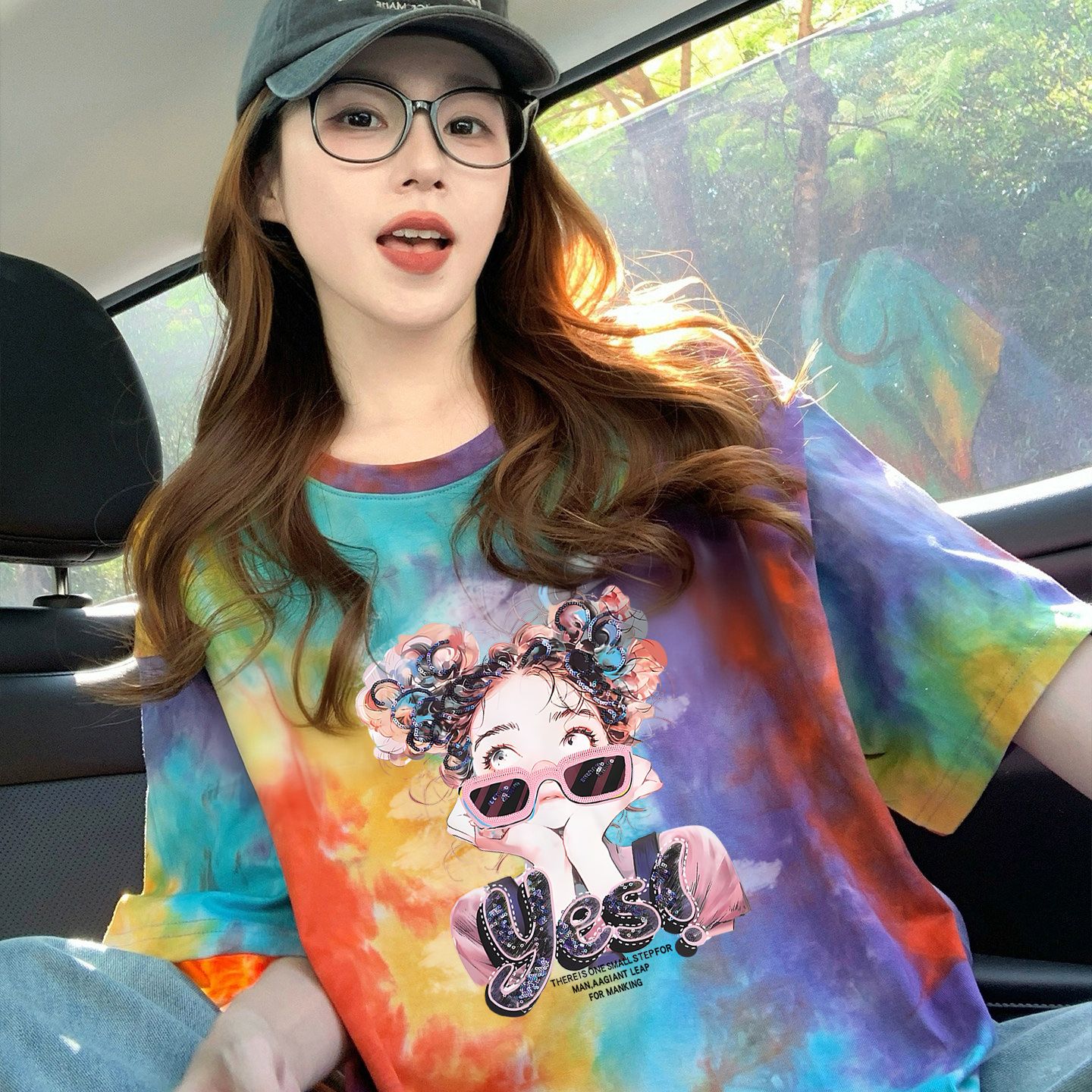210克純棉/后包領彩色暈染寬松T恤女設計感印花顯瘦上衣潮