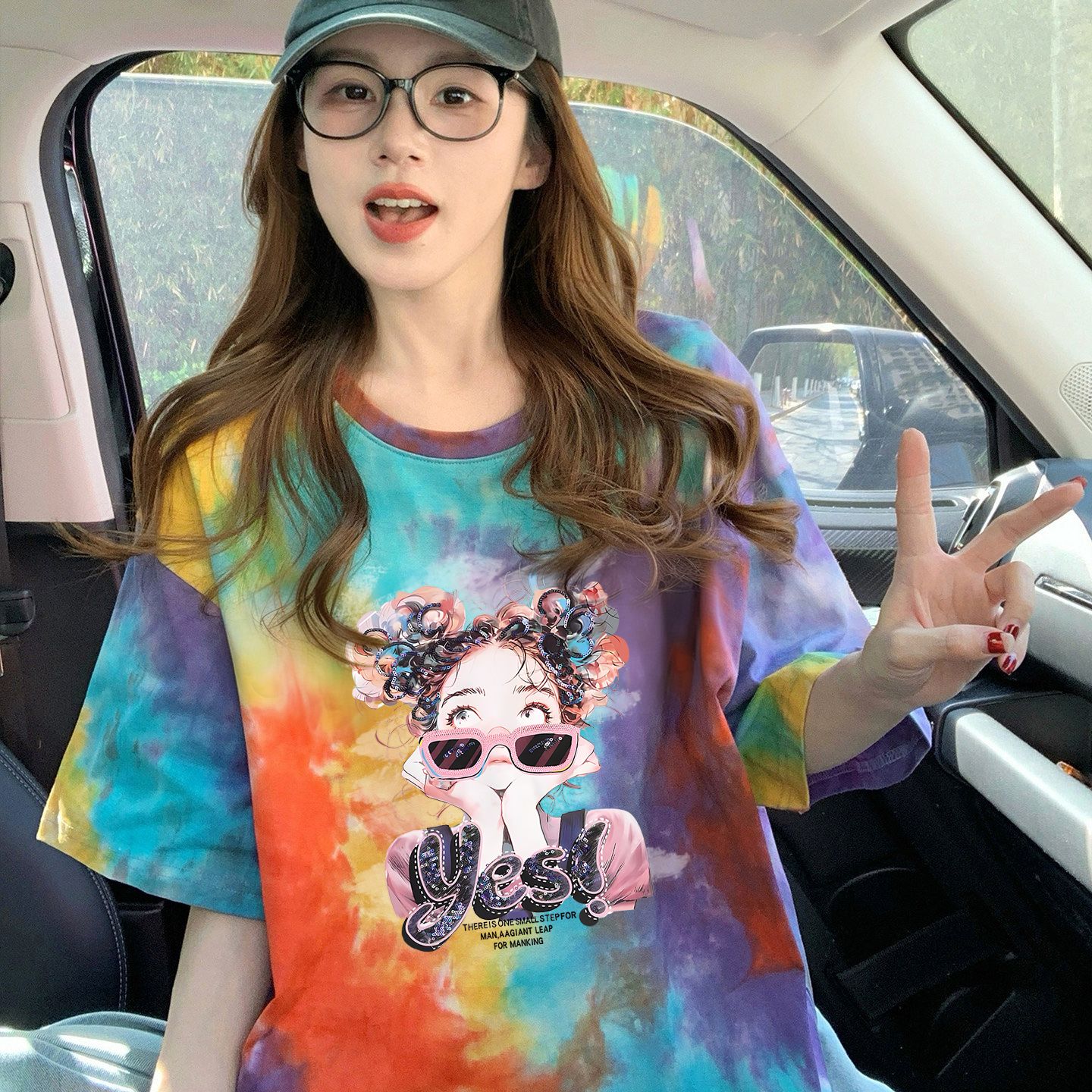210克純棉/后包領彩色暈染寬松T恤女設計感印花顯瘦上衣潮