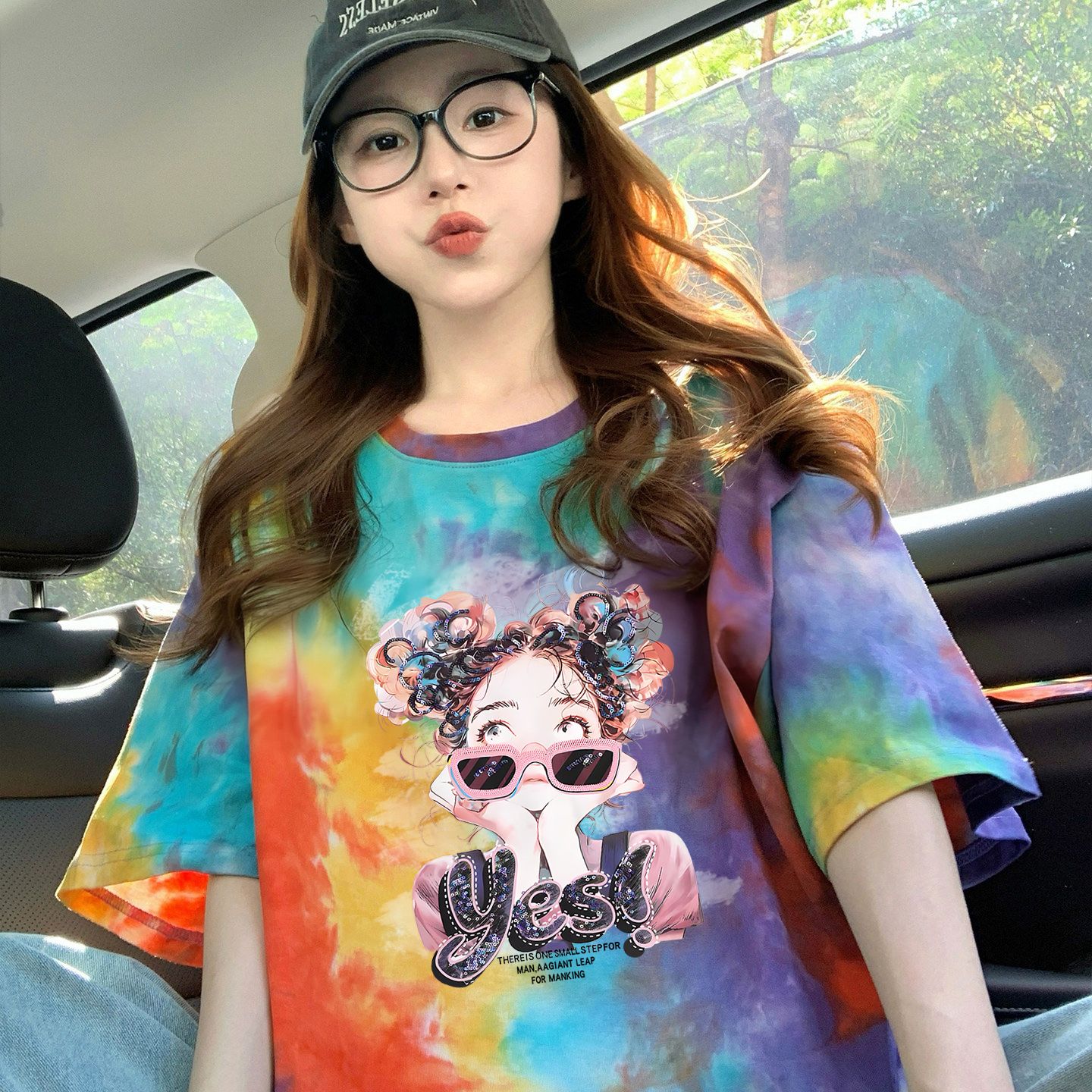 210克純棉/后包領彩色暈染寬松T恤女設計感印花顯瘦上衣潮