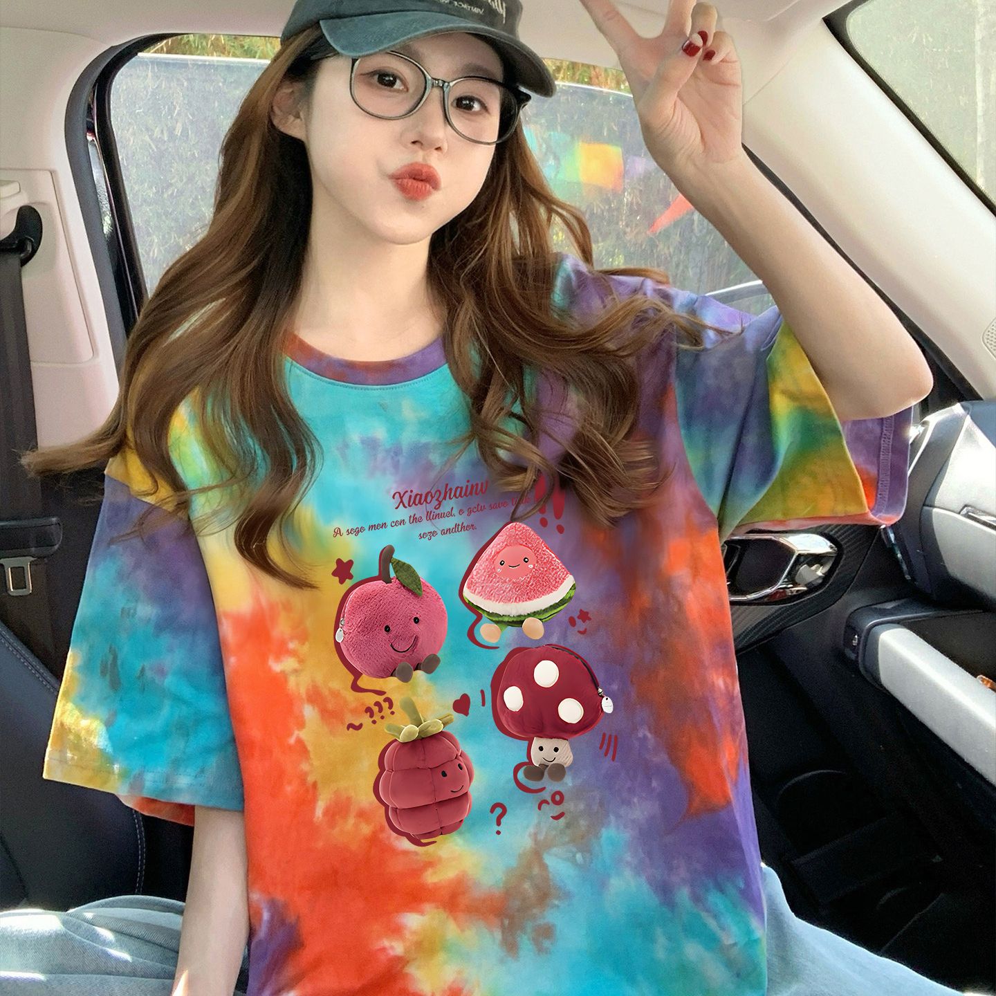 210克純棉/后包領彩色暈染寬松T恤女設計感印花顯瘦上衣潮