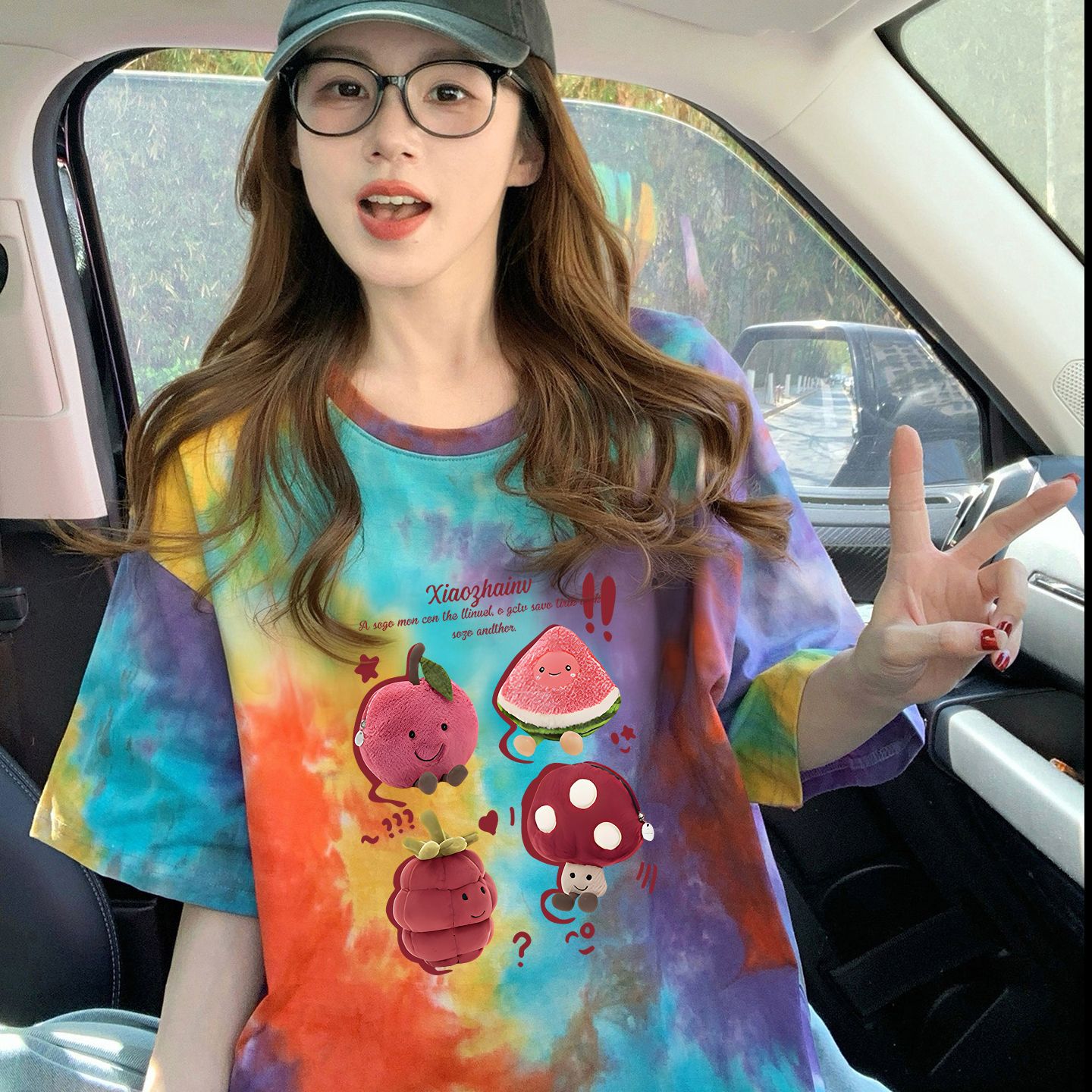 210克純棉/后包領彩色暈染寬松T恤女設計感印花顯瘦上衣潮