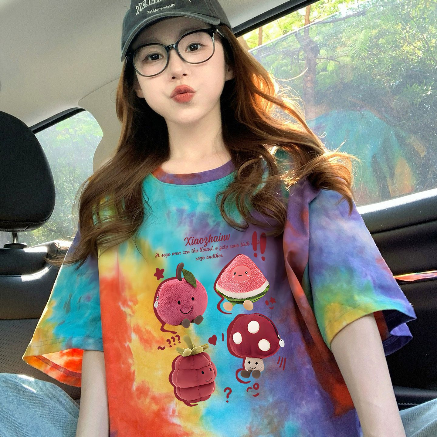 210克純棉/后包領彩色暈染寬松T恤女設計感印花顯瘦上衣潮