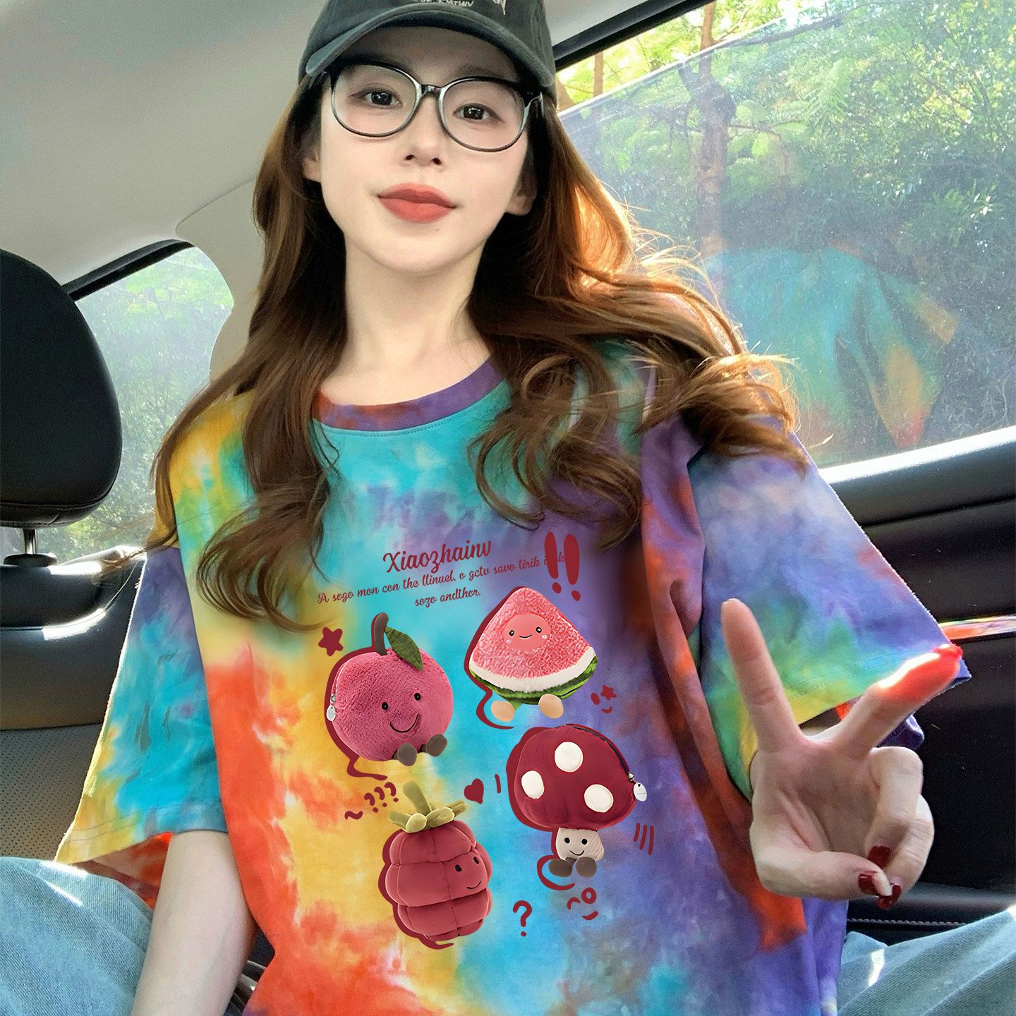 210克純棉/后包領彩色暈染寬松T恤女設計感印花顯瘦上衣潮