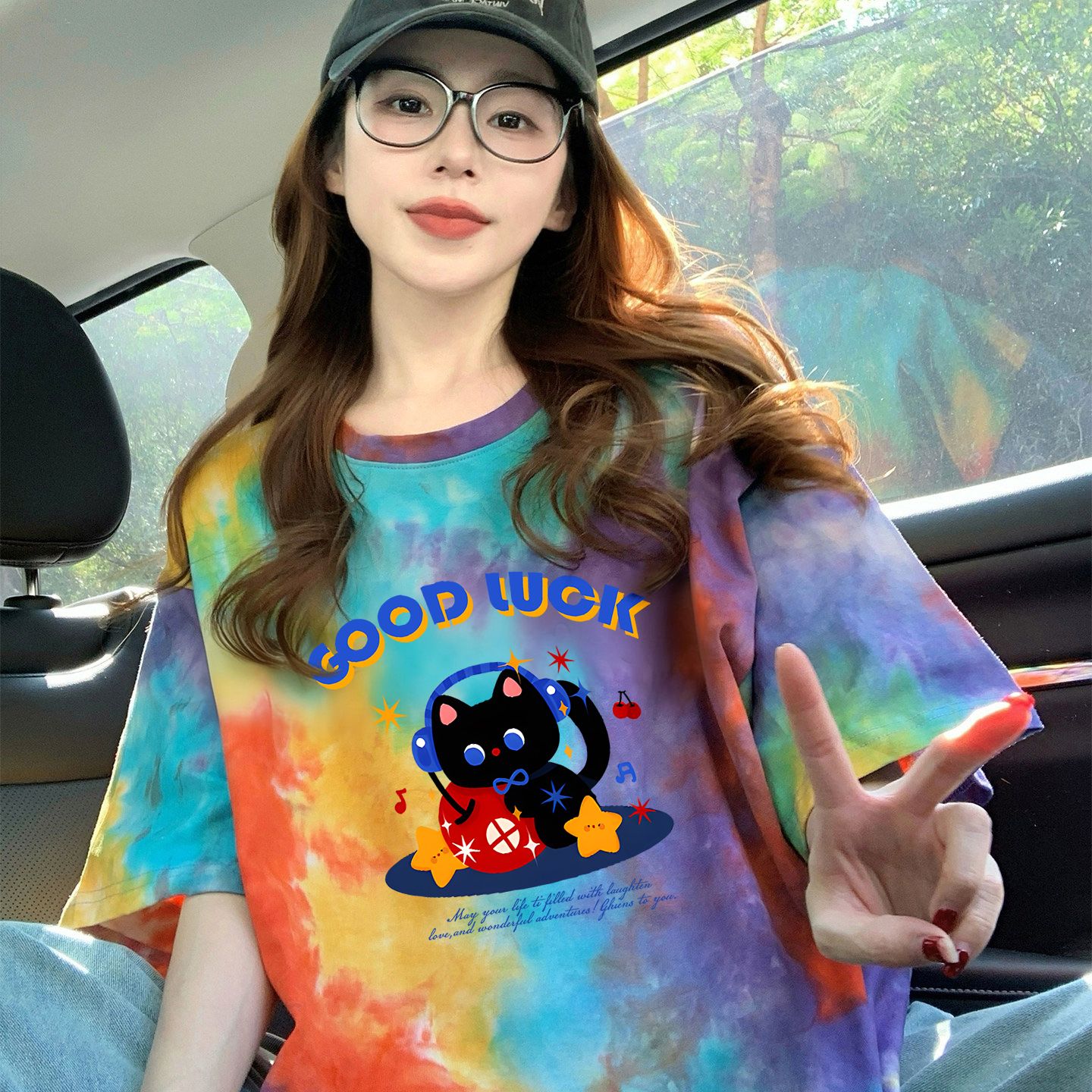 210克純棉/后包領彩色暈染寬松T恤女設計感印花顯瘦上衣潮