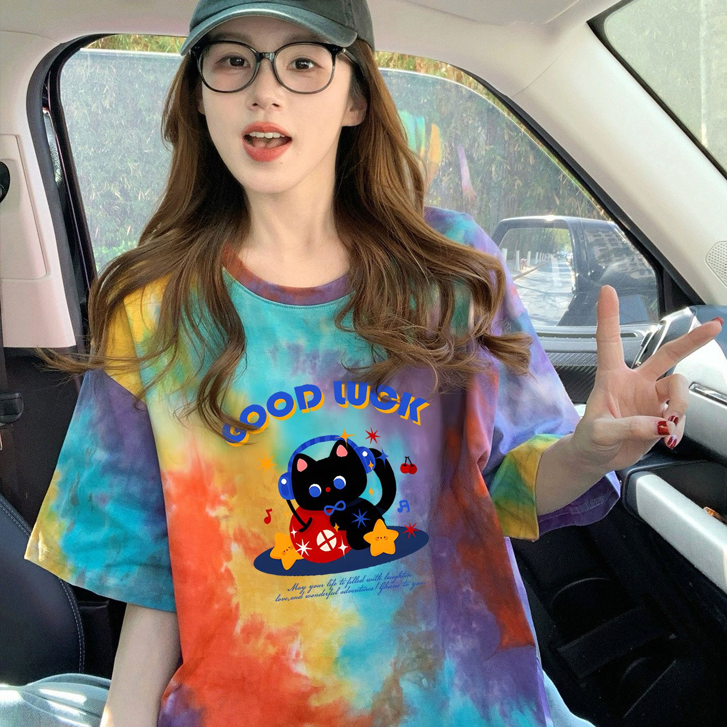210克純棉/后包領彩色暈染寬松T恤女設計感印花顯瘦上衣潮