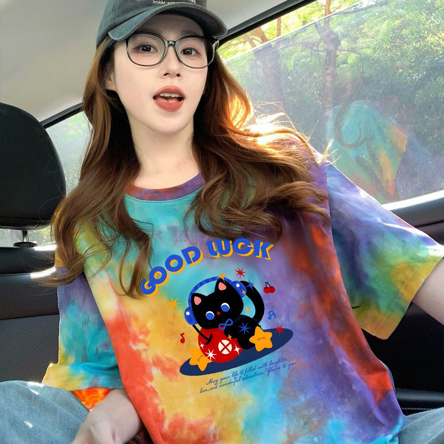 210克純棉/后包領彩色暈染寬松T恤女設計感印花顯瘦上衣潮