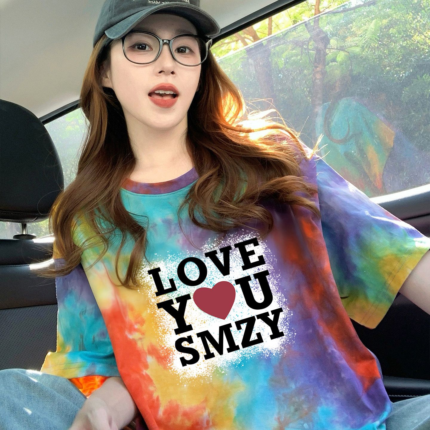 210克純棉/后包領彩色暈染寬松T恤女設計感印花顯瘦上衣潮