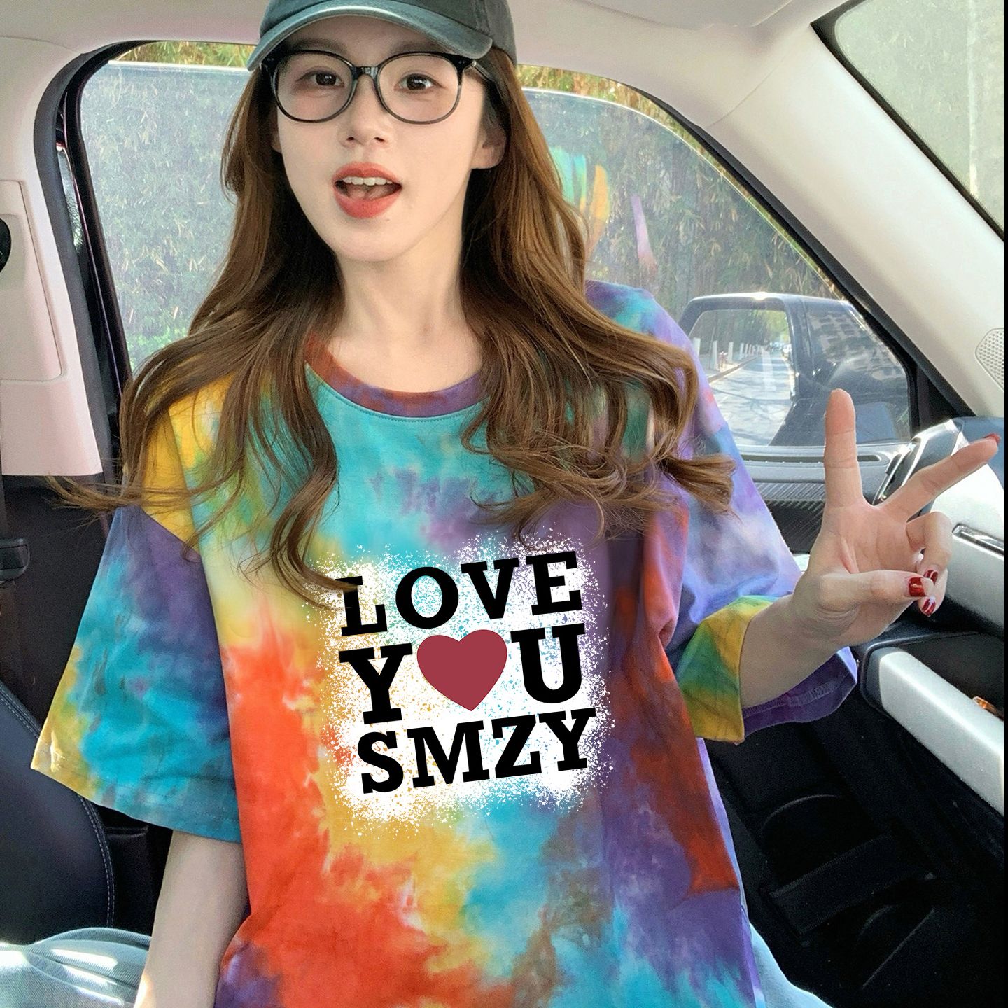 210克純棉/后包領彩色暈染寬松T恤女設計感印花顯瘦上衣潮