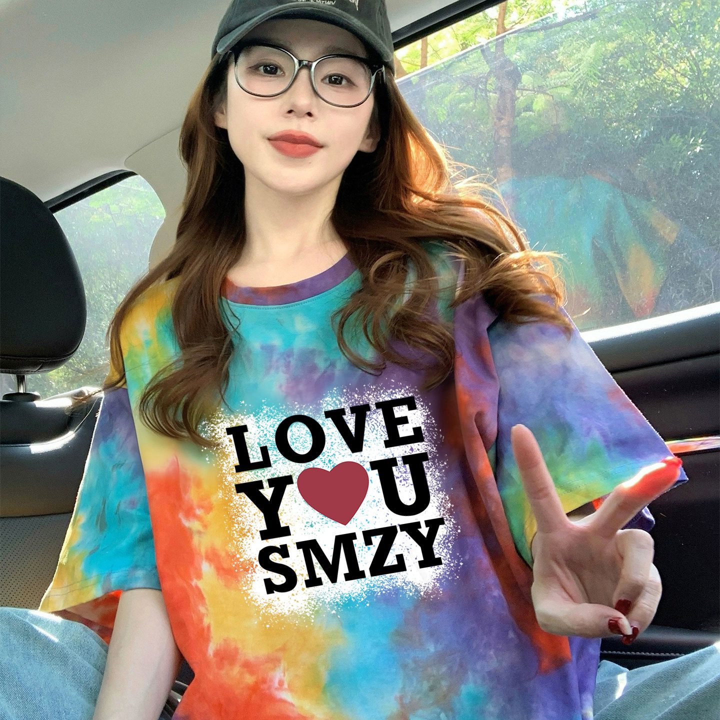 210克純棉/后包領彩色暈染寬松T恤女設計感印花顯瘦上衣潮
