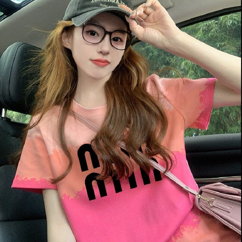 200克純棉/后包領彩色暈染寬松T恤女設計感印花顯瘦上衣潮