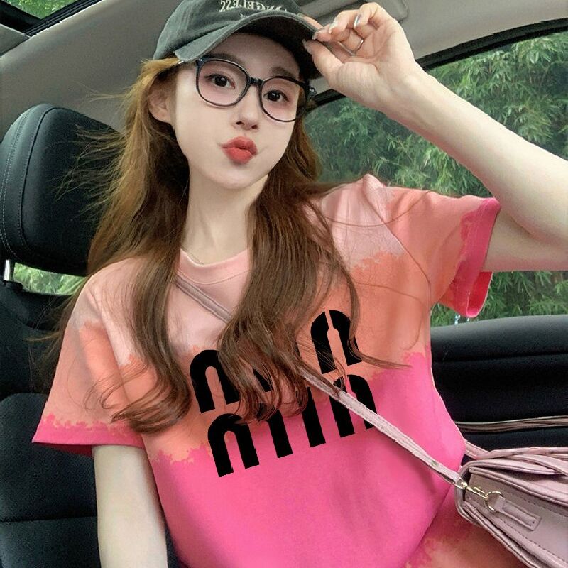 200克純棉/后包領彩色暈染寬松T恤女設計感印花顯瘦上衣潮