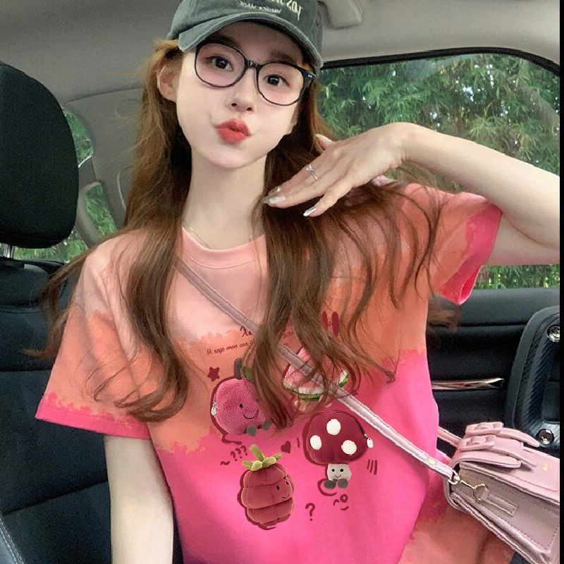 200克純棉/后包領彩色暈染寬松T恤女設計感印花顯瘦上衣潮