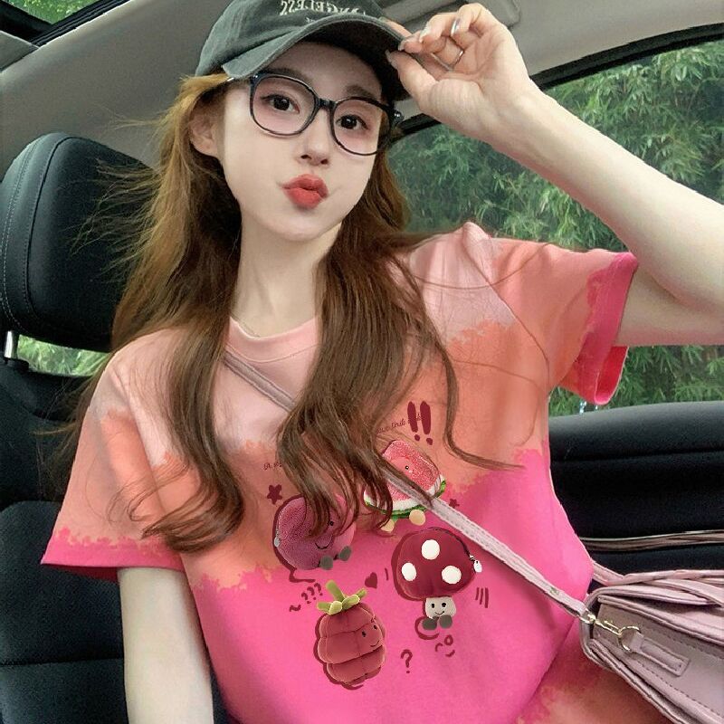 200克純棉/后包領彩色暈染寬松T恤女設計感印花顯瘦上衣潮