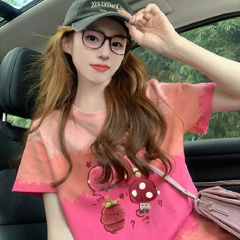200克純棉/后包領彩色暈染寬松T恤女設計感印花顯瘦上衣潮