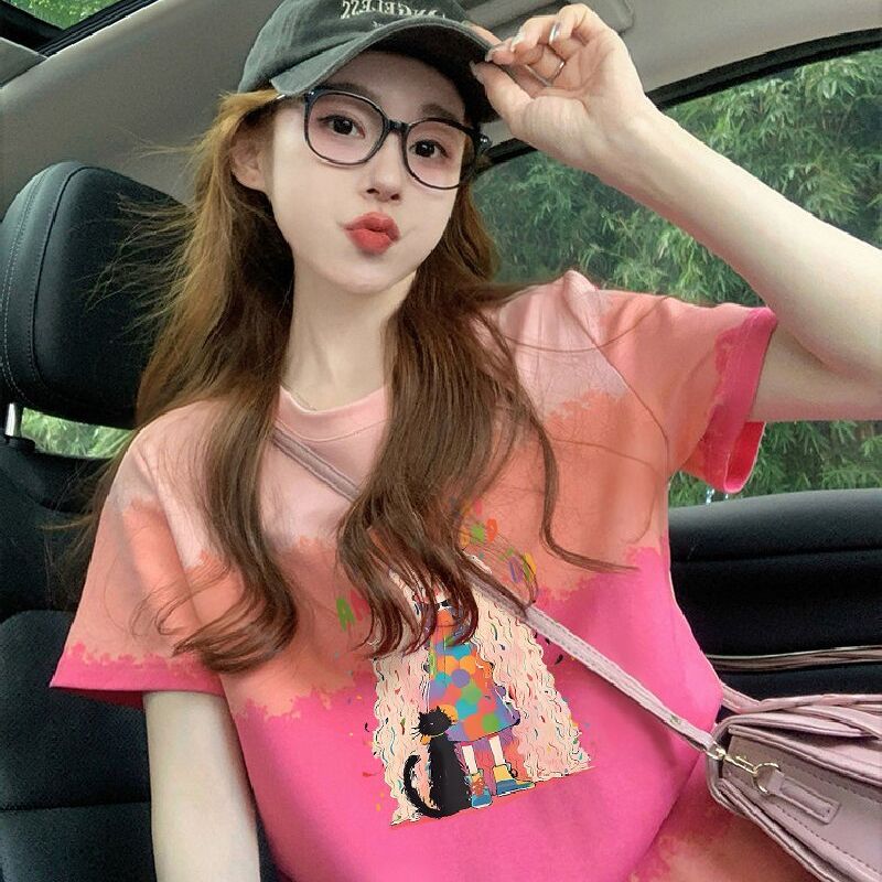 200克純棉/后包領彩色暈染寬松T恤女設計感印花顯瘦上衣潮
