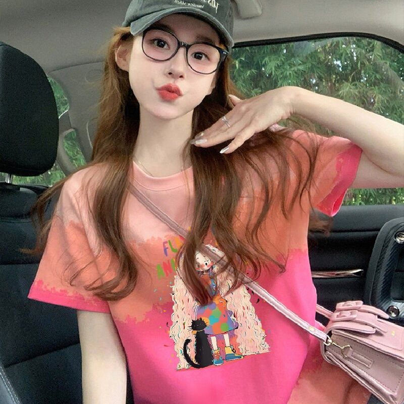 200克純棉/后包領彩色暈染寬松T恤女設計感印花顯瘦上衣潮