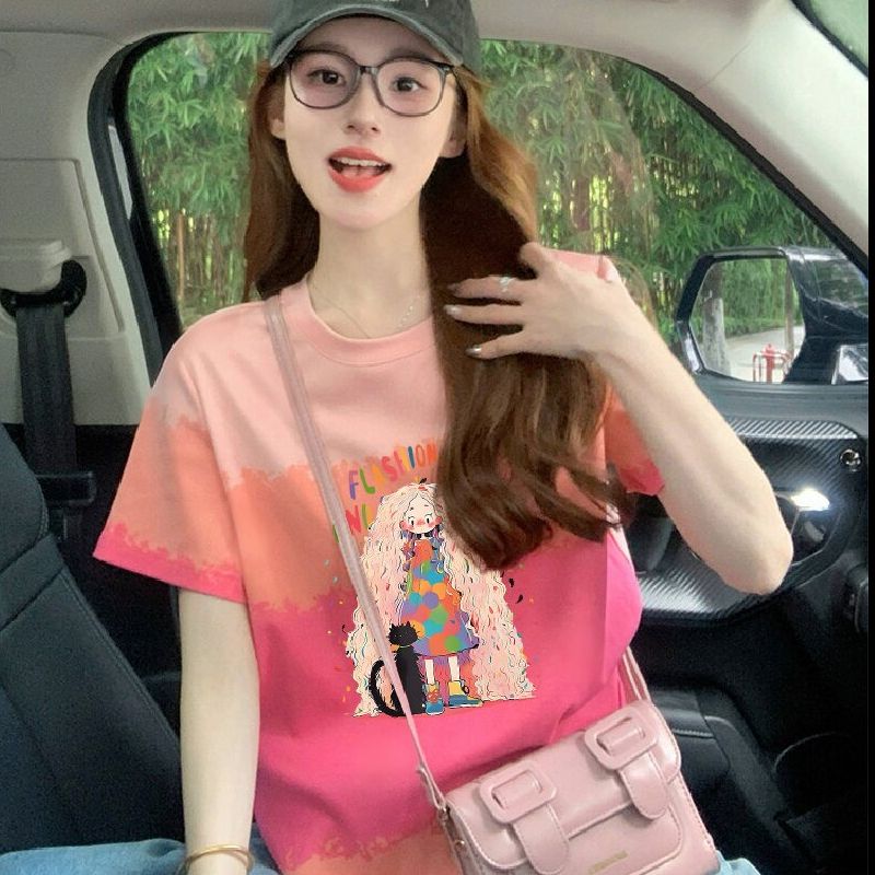200克純棉/后包領彩色暈染寬松T恤女設計感印花顯瘦上衣潮