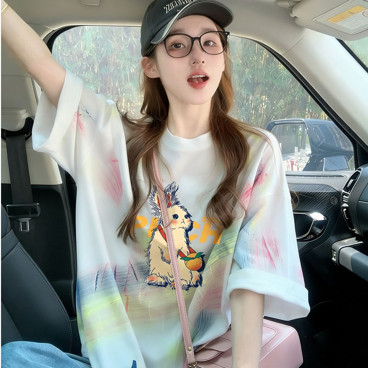 多巴胺撞色扎染純棉寬松t恤女ins韓系卡通公主減齡中長款氣質上衣