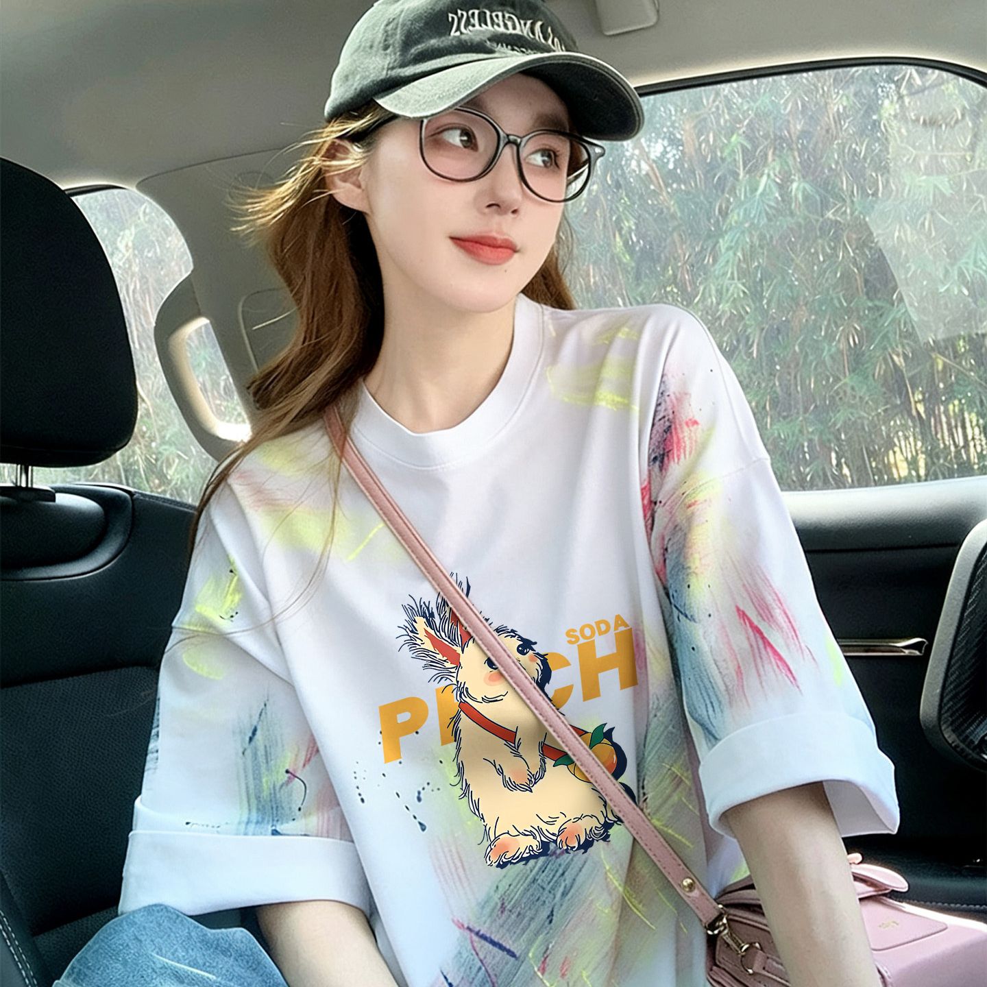 多巴胺撞色扎染純棉寬松t恤女ins韓系卡通公主減齡中長款氣質上衣