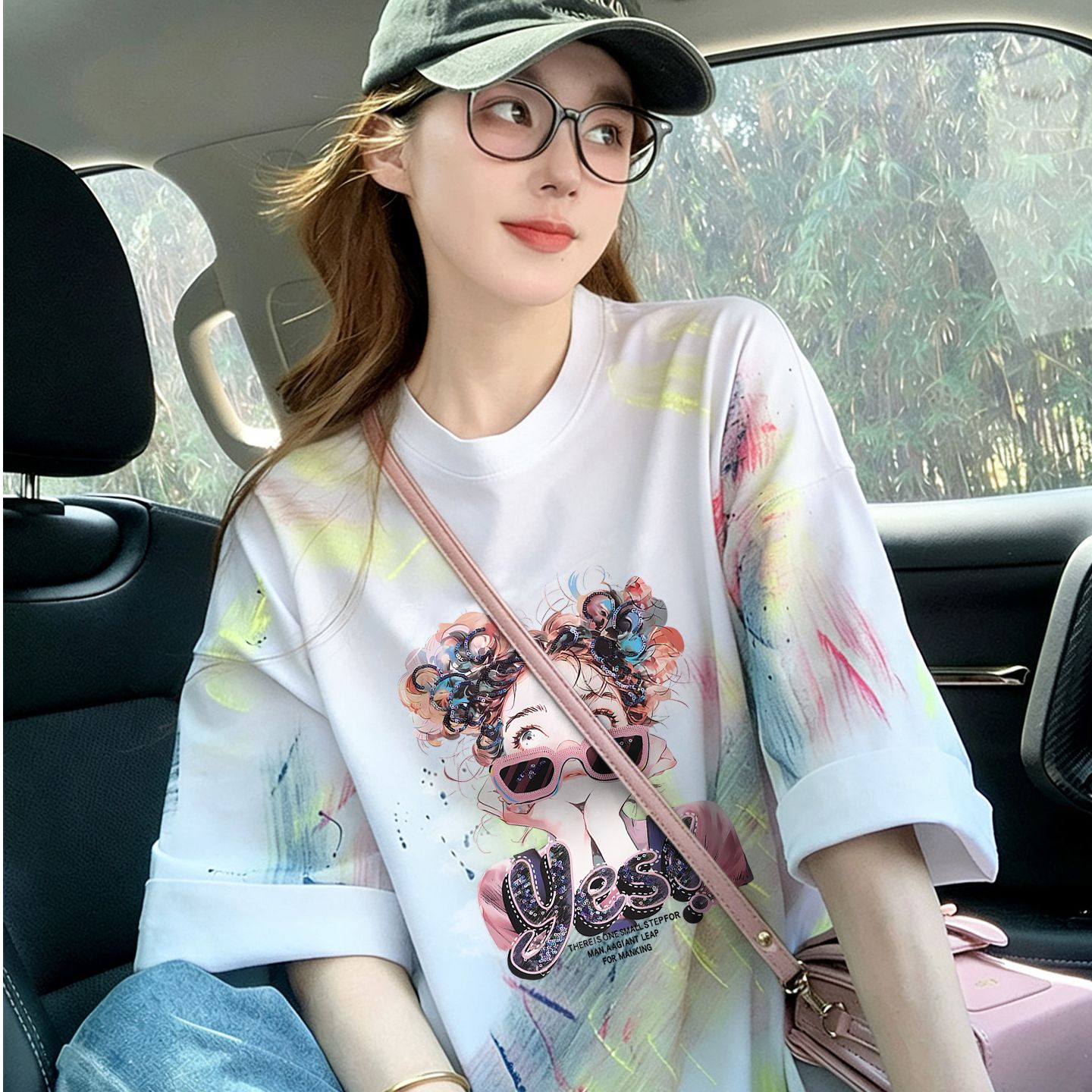 多巴胺撞色扎染純棉寬松t恤女ins韓系卡通公主減齡中長款氣質上衣
