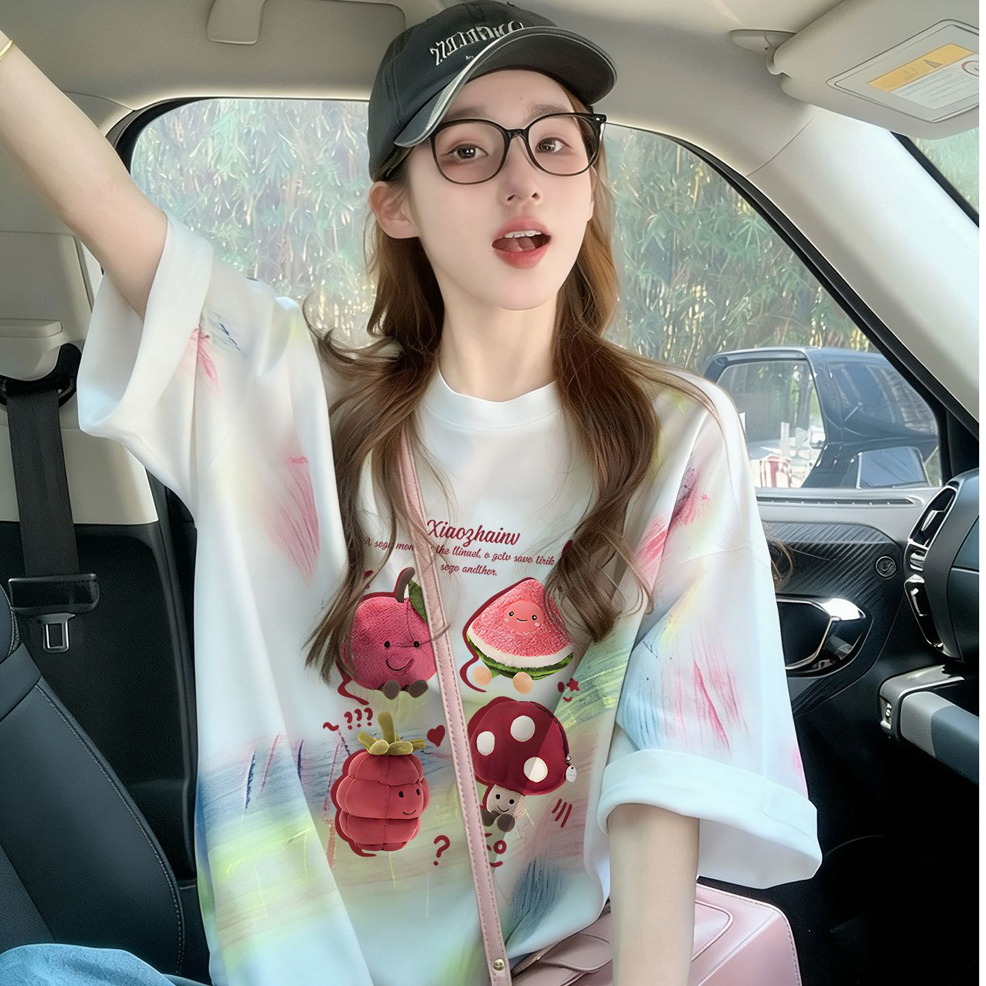 多巴胺撞色扎染純棉寬松t恤女ins韓系卡通公主減齡中長款氣質上衣