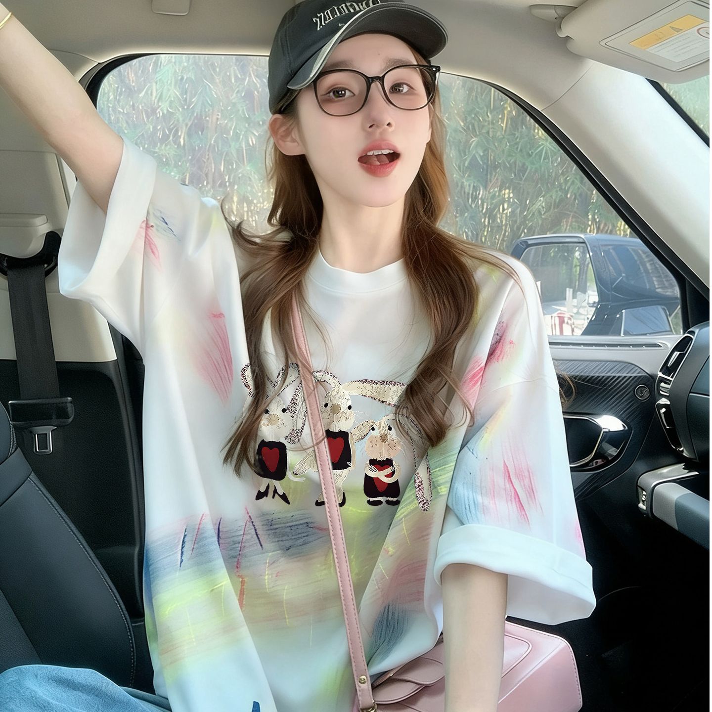 多巴胺撞色扎染純棉寬松t恤女ins韓系卡通公主減齡中長款氣質上衣