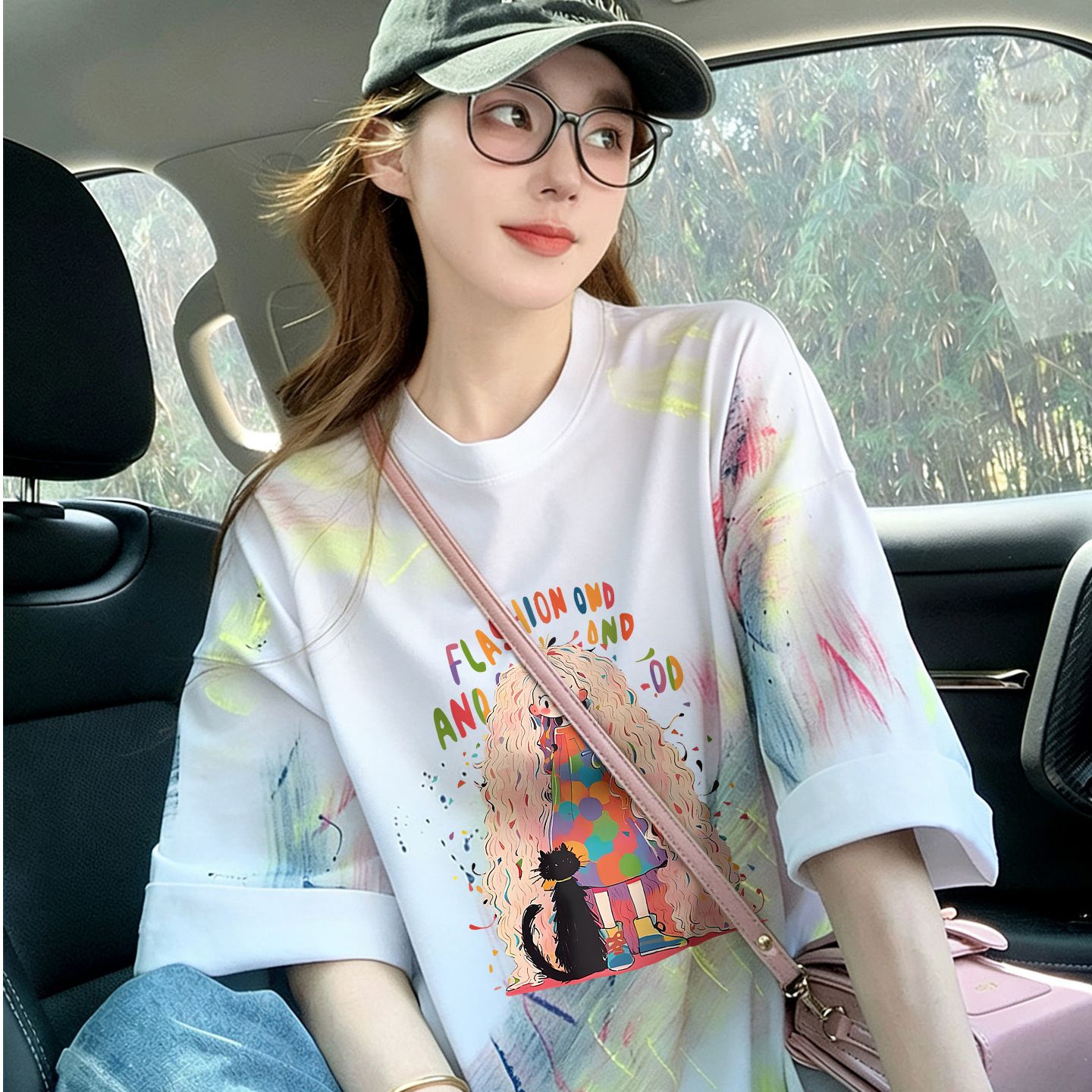 多巴胺撞色扎染純棉寬松t恤女ins韓系卡通公主減齡中長款氣質上衣