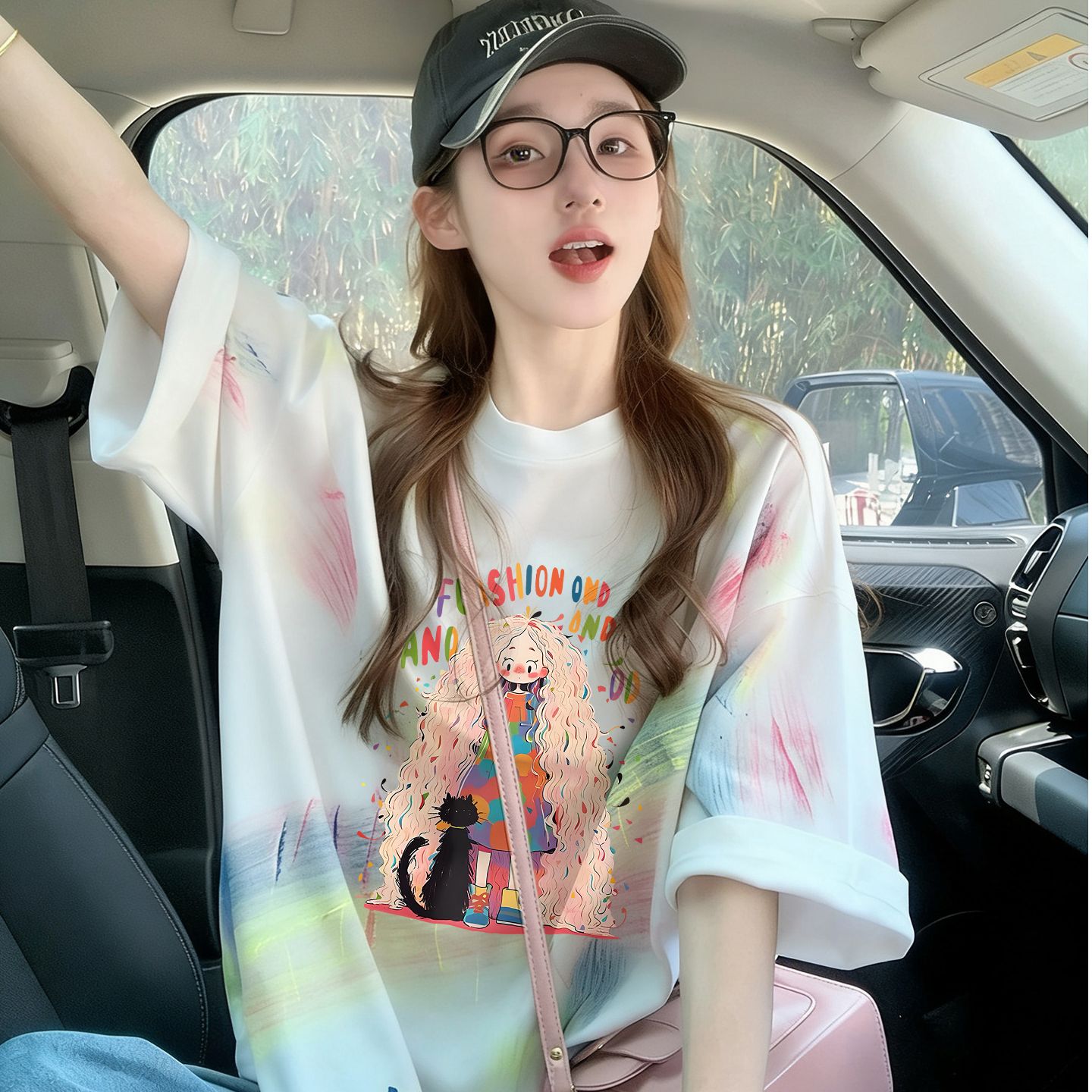 多巴胺撞色扎染純棉寬松t恤女ins韓系卡通公主減齡中長款氣質上衣